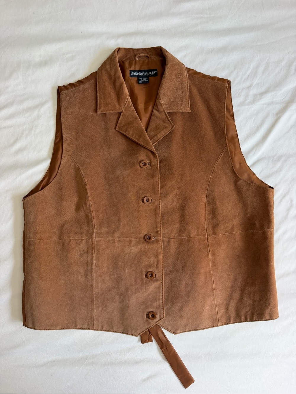 VTG Savannah 100% Genuine Leather Collared V-Neck Button Down Vest Tie Back